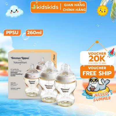 Bình sữa PPSU ty siêu mềm tự nhiên Tommee Tippee Natural Start 260ml, núm ty Của Bình 3-6 tháng (Bình đôi)