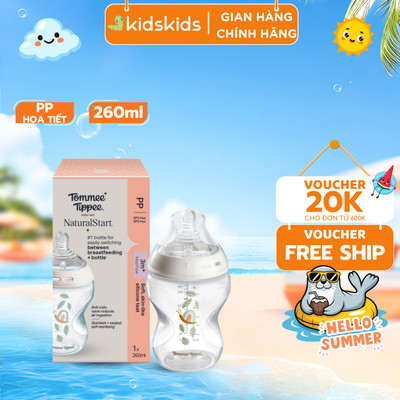Bình Sữa PP Ty Siêu Mềm Tự Nhiên Tommee Tippee Natural Start 260ml, Núm Ty Của Bình 3-6 Tháng - Hoạ Tiết
