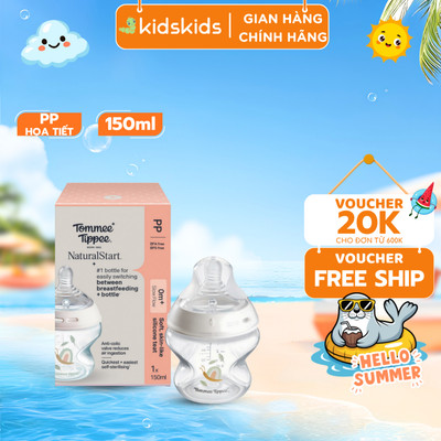 Bình Sữa PP Ty Siêu Mềm Tự Nhiên Tommee Tippee Natural Start 150ml, Núm Ty Của Bình 0-3 Tháng - Hoạ Tiết