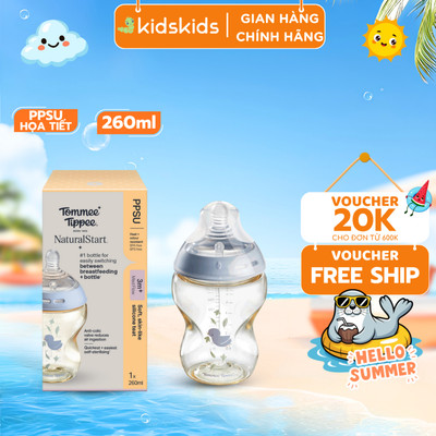 Bình Sữa PPSU Ty Siêu Mềm Tự Nhiên Tommee Tippee Natural Start 260ml, Núm Ty Của Bình 3-6 Tháng, Xanh Họa Tiết