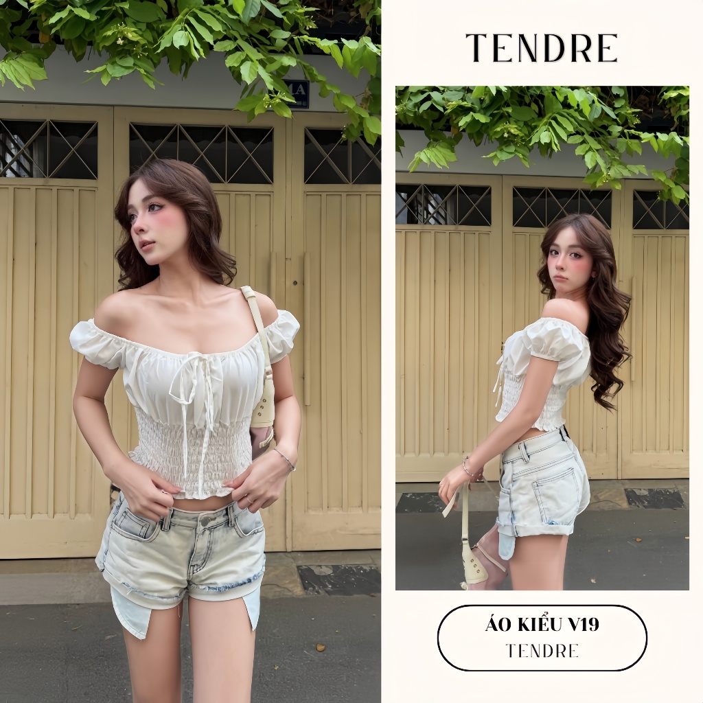 TENDRE - Áo Trễ Vai Nữ Bo Chun Croptop Hàn Quốc – Ôm Dáng, Dễ Phối, Nàng Thơ Thanh Lịch V19
