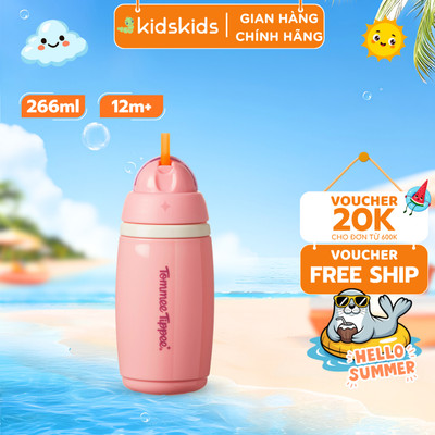 Bình Uống Nước Giữ Nhiệt Có Ống Hút Chống Tràn, Chống Sặc Tommee Tippee ACTIVE STRAW, 266ml, Cho Bé Từ 12 Tháng – Hồng