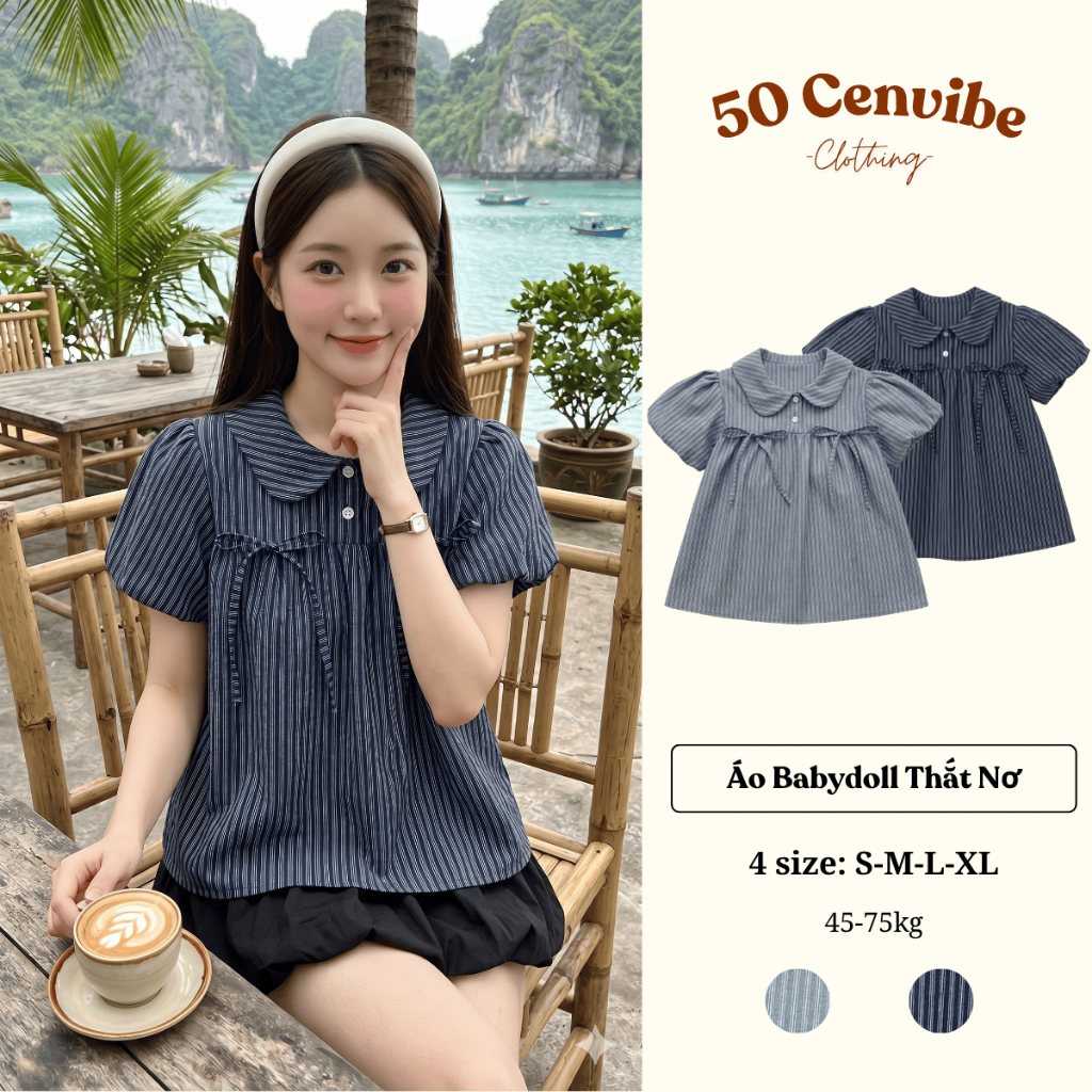 Áo Babydoll Nữ Cổ Sen Tay Phồng Đính Nơ Dễ Thương Có Bigsize 45-75kg Phong Cách Korea (50 Cenvibe Cl