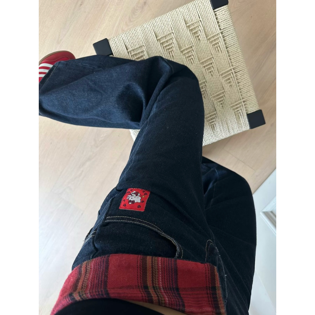Quần Jean Ống Suông Rộng Lưng Caro Đỏ Phong Cách Y2K – Quần Baggy Jean Nữ Cá Tính