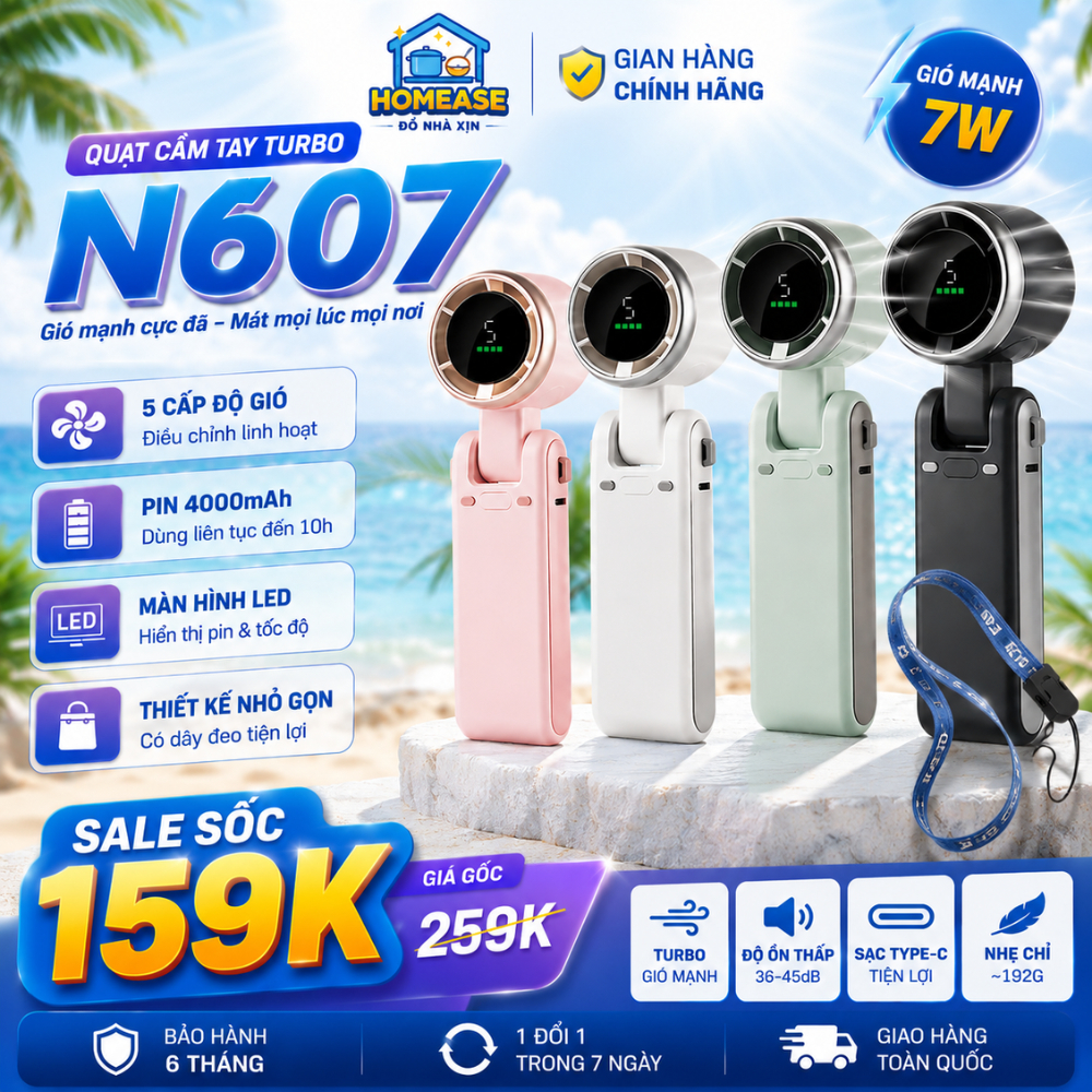 [NEW 2026] Quạt Cầm Tay Turbo N607, 5 Cấp Gió, Pin 4000mAh, Màn Hình LED, Gió Mạnh 7W, Kèm Dây Đeo–HomeEase – Đồ Nhà Xịn