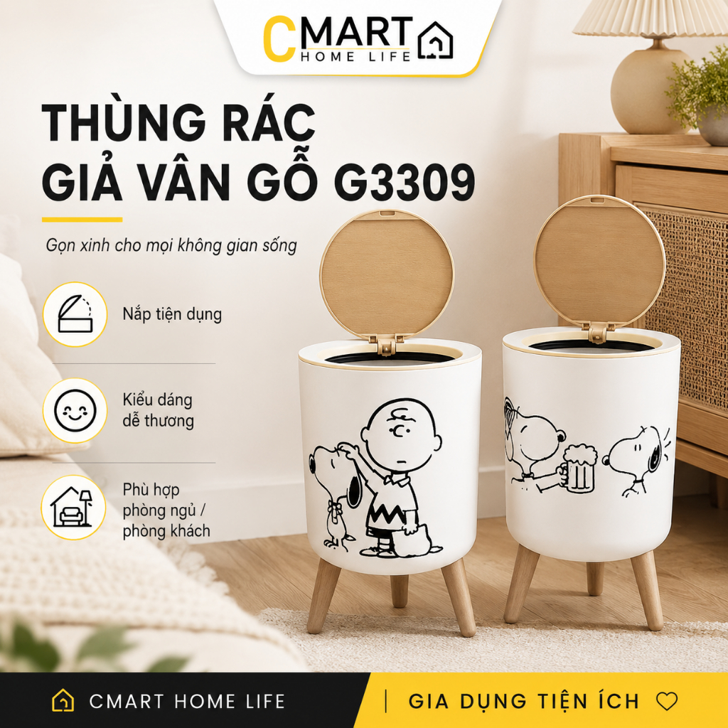 Thùng Rác Giả Vân Gỗ Phong Cách Bắc Âu Có Nắp Nhấn G3390 [CMART_GIA DỤNG TIỆN ÍCH]