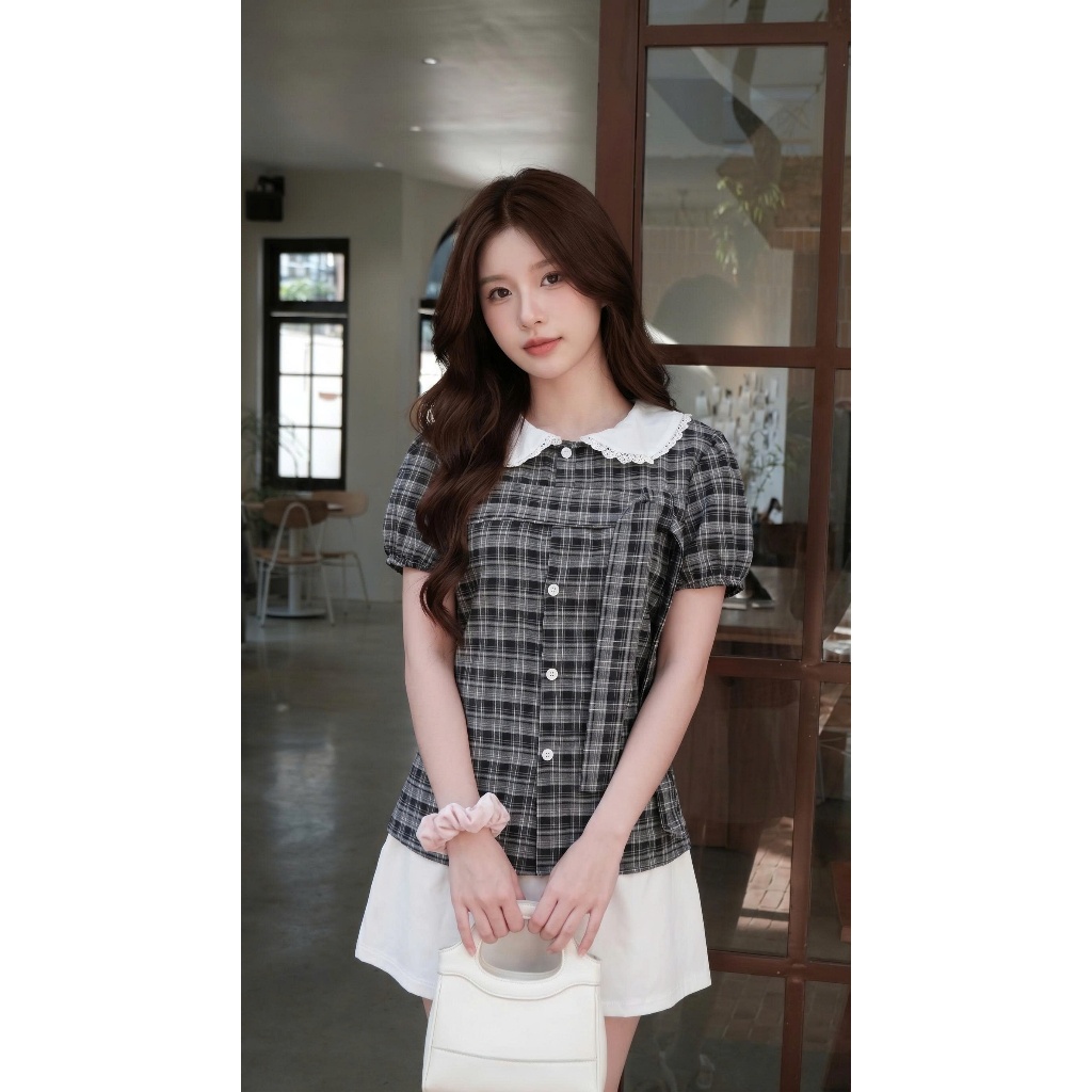 Áo sơ mi nữ kẻ caro cổ sen tay bồng thắt nơ xinh xắn che khuyết điểm eo siêu xinh AOT130 | BigBuy360 - bigbuy360.vn