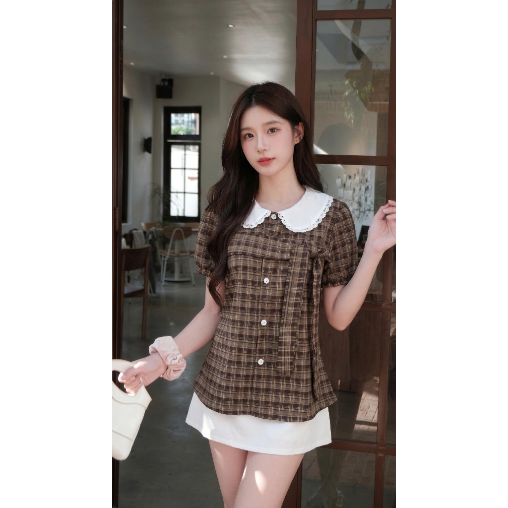 Áo sơ mi nữ kẻ caro cổ sen tay bồng thắt nơ xinh xắn che khuyết điểm eo siêu xinh AOT130 | BigBuy360 - bigbuy360.vn