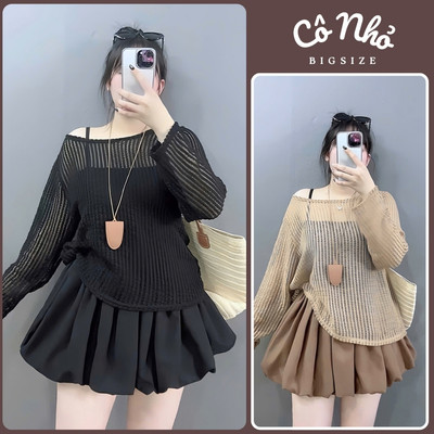 Set 3 Món Bigsize Nữ Áo Thun Lưới Tay Dài Mix Chân Váy Và Áo Hai Dây A317+G118+CV413