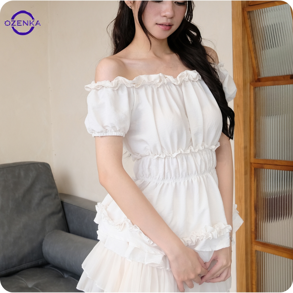 Áo babydoll kiểu trễ vai bèo gấu chun eo mặc hè ozenka , áo bánh bèo mặc đi chơi đi biển chất mát mà