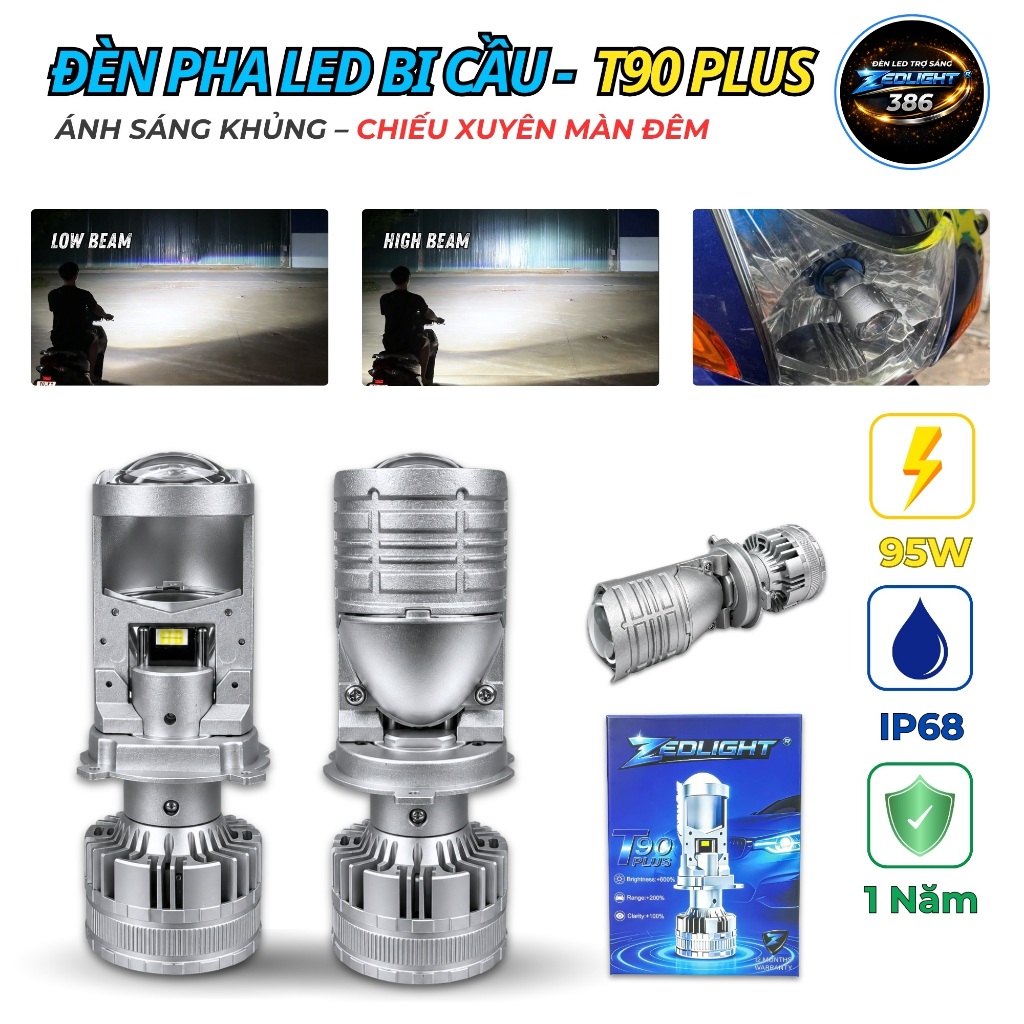 Đèn Pha LED Bi Cầu T90 PLUS ZED LIGHT - Siêu Sáng, Đi Đêm Cực An Toàn, Chiếu Xa Tới 250m, Lắp Cho Ot
