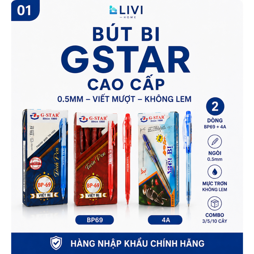 Combo 3/5/10 bút bi bấm Gstar BP69 4A ngòi 0.5mm nhập khẩu Malaysia Ấn Độ