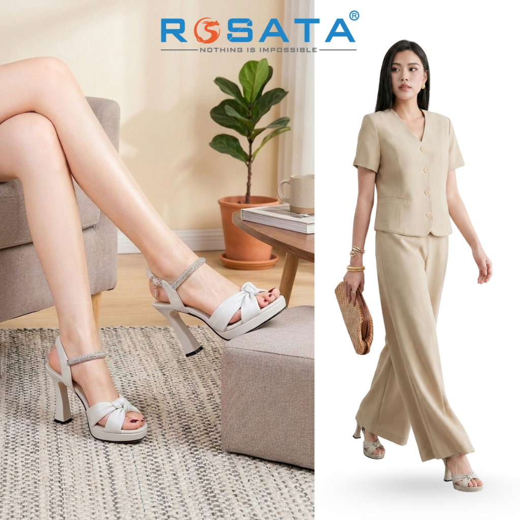 Giày sandal nữ đế cao 9cm ROSATA RO504 hở mũi tròn quai hậu khóa cài dây bện xoắn thanh lịch