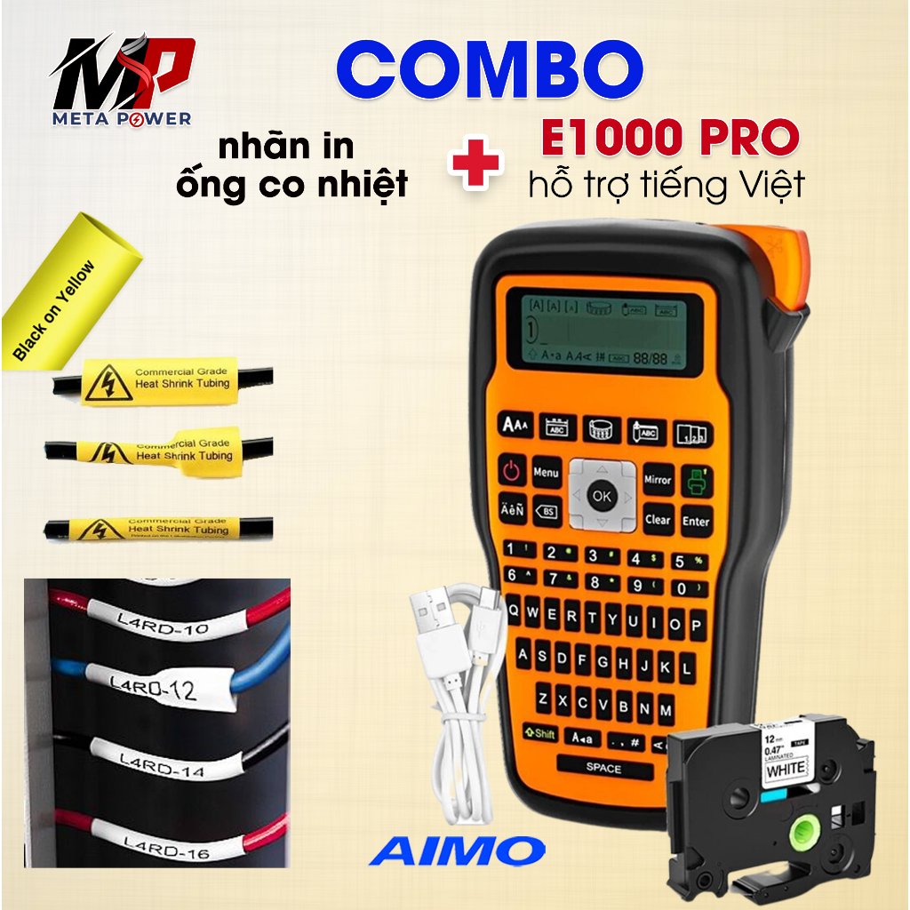 COMBO Máy In Nhãn E1000 Pro + 3 Cuộn Ống Co Nhiệt Dùng Thi Công Điện Mạng