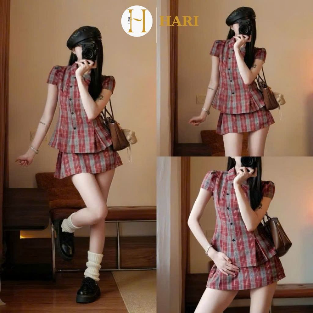 Set áo sơ mi Hari cổ sen họa tiết Tay Phồng Cài Cúc Chéo Kèm Chân Váy Kẻ Caro | BigBuy360 - bigbuy360.vn
