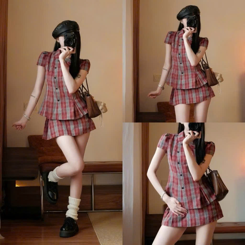 Set áo sơ mi Hari cổ sen họa tiết Tay Phồng Cài Cúc Chéo Kèm Chân Váy Kẻ Caro | BigBuy360 - bigbuy360.vn