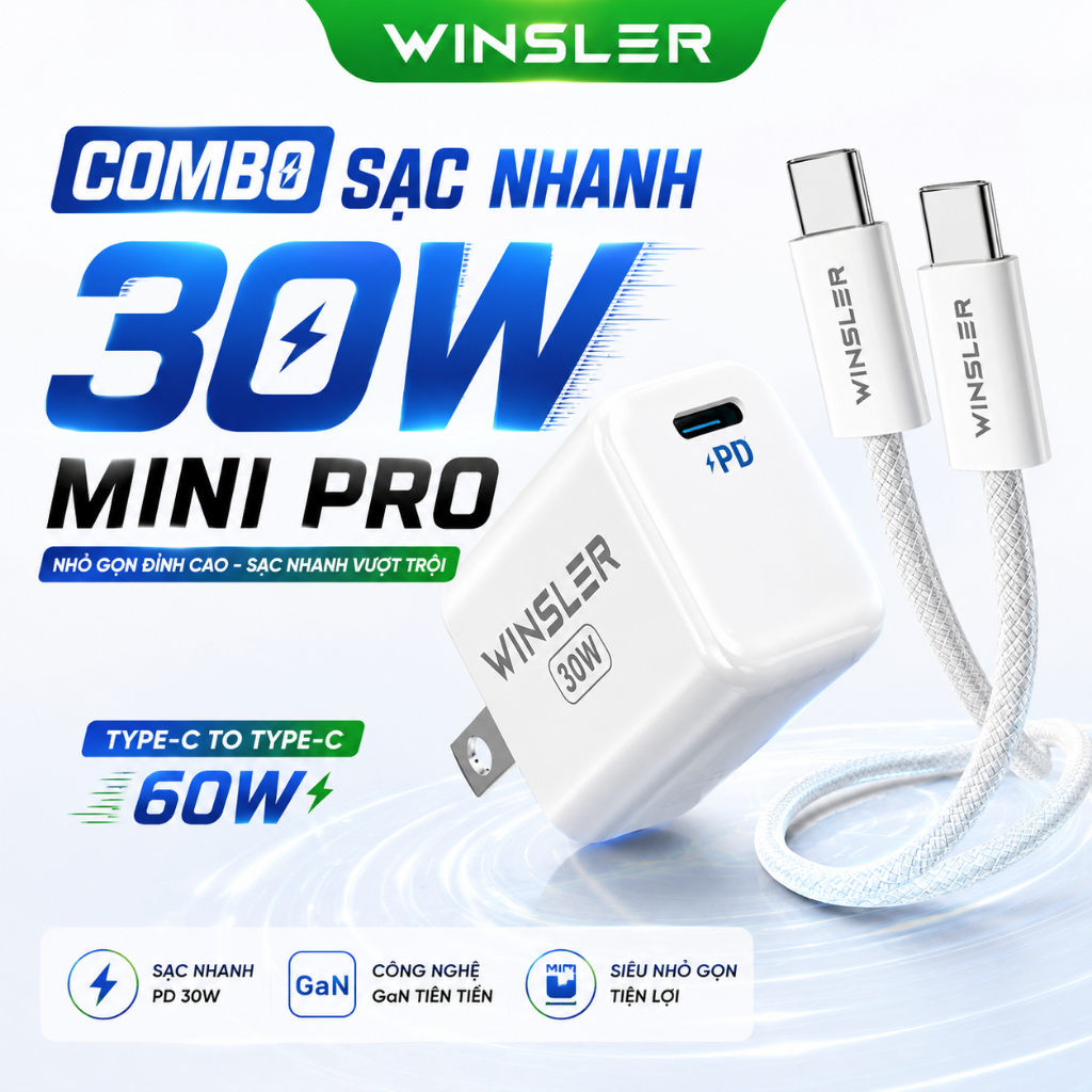 Combo Sạc Nhanh Winsler GaN 30W Mini Pro & Cáp Type-C to Type-C 60W