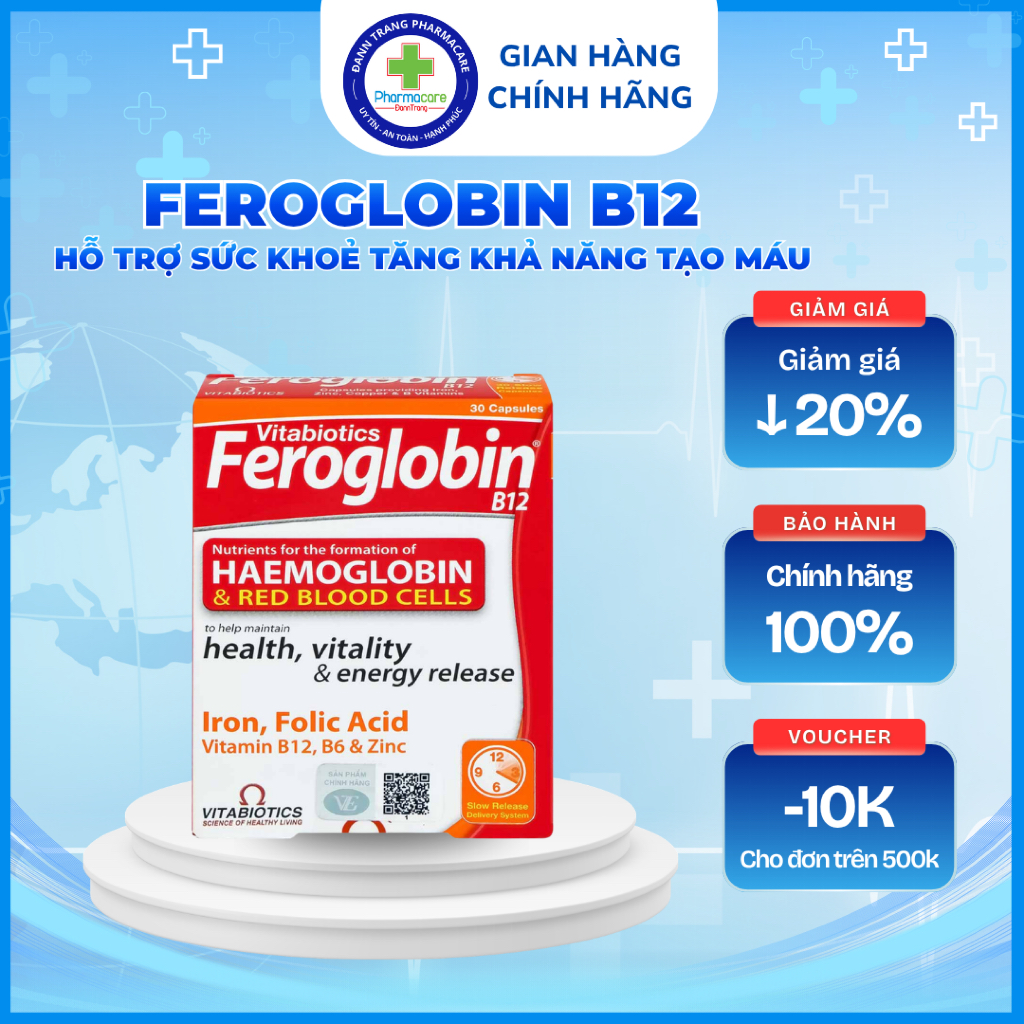 Viên uống Feroglobin B12 Vitabiotics 30 viên - Bổ sung sắt, acid folic, vitamin B12 cho bà bầu