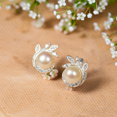 Khuyên Tai Bạc Trắng 925 Đính Ngọc Trai 8ly Tinh Tế - Ngọc Trai Trường Thịnh