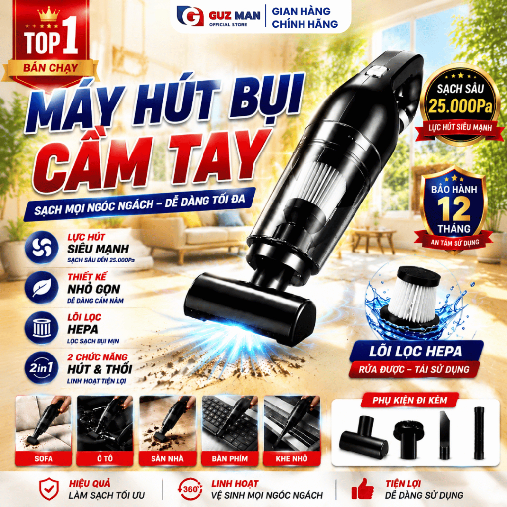 Máy Hút Bụi Cầm Tay Mini, Máy hút bụi Ô Tô,Gia Đình Công suất 120W không dây Pin sạc tiện lợi