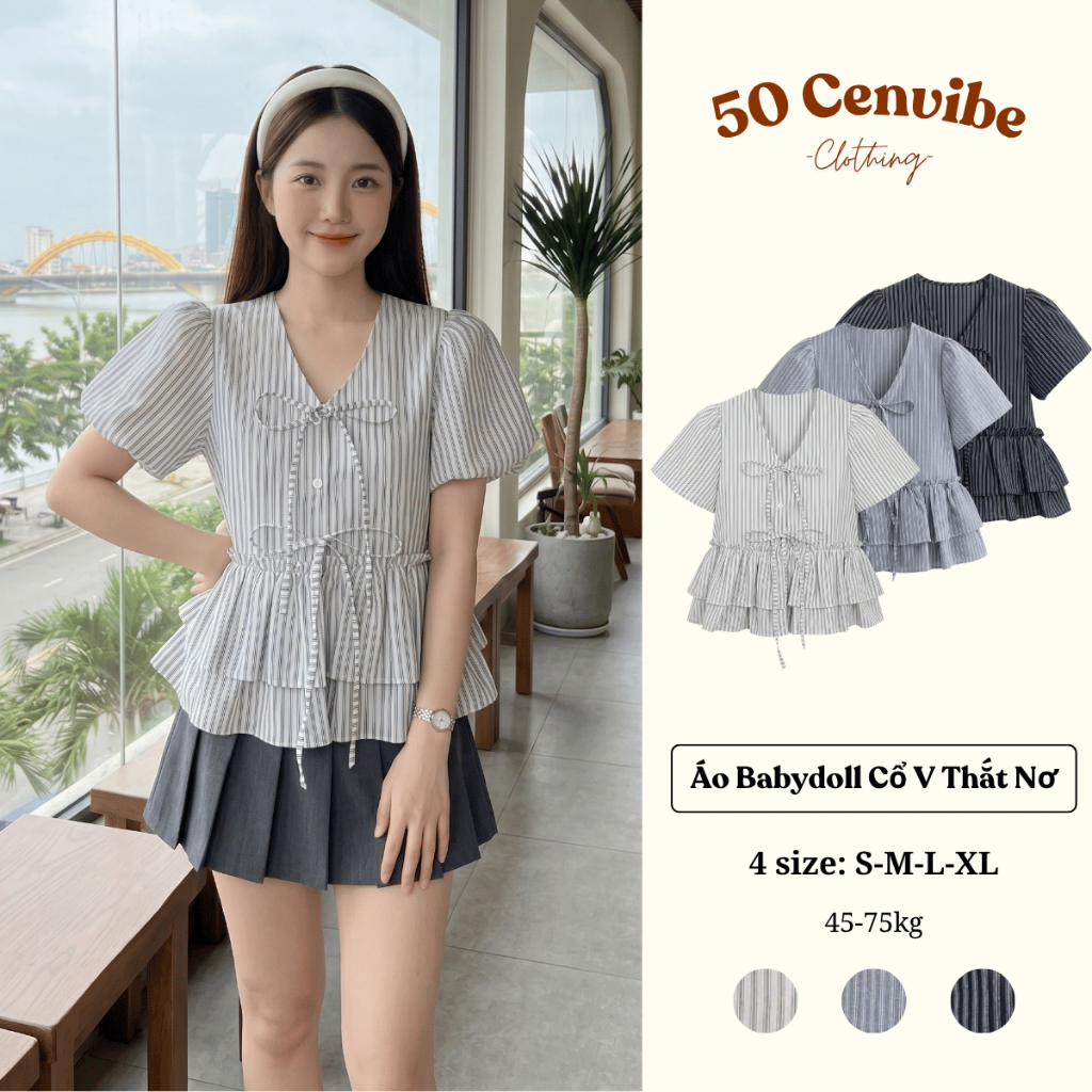 Áo Kiểu Nữ Babydoll Cổ V Tay Phồng Phối Bèo Tầng Thắt Nơ Dễ Thương Có Bigsize 45-75kg (50 Cenvibe.Cl