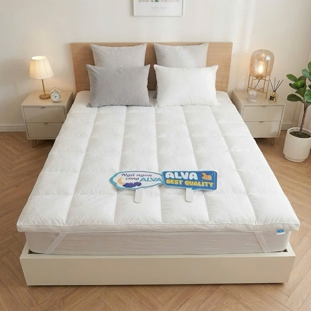 TOPPER CAO CẤP ALVA MÀU TRẮNG Tấm làm mềm nệm, phong cách giường ngủ khách sạn 5 sao