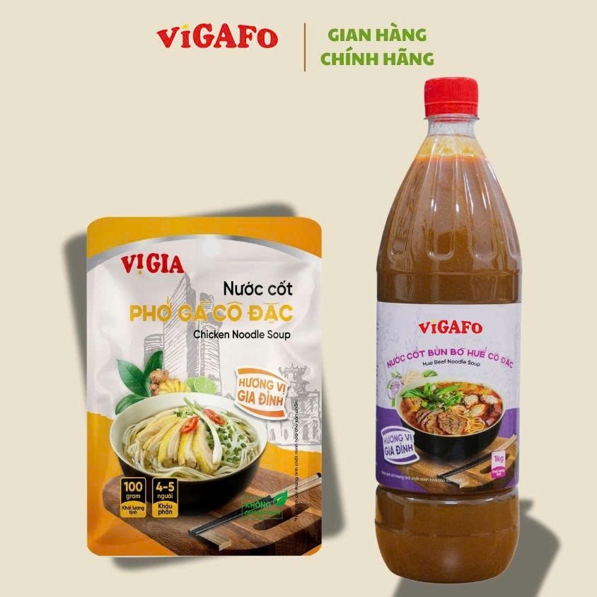Combo (1 chai + 2 gói) Nước Cốt Bún Bò Huế 1kg + Nước Cốt Phở Gà 100g Vigafo ( Nước cốt hầm xương cô