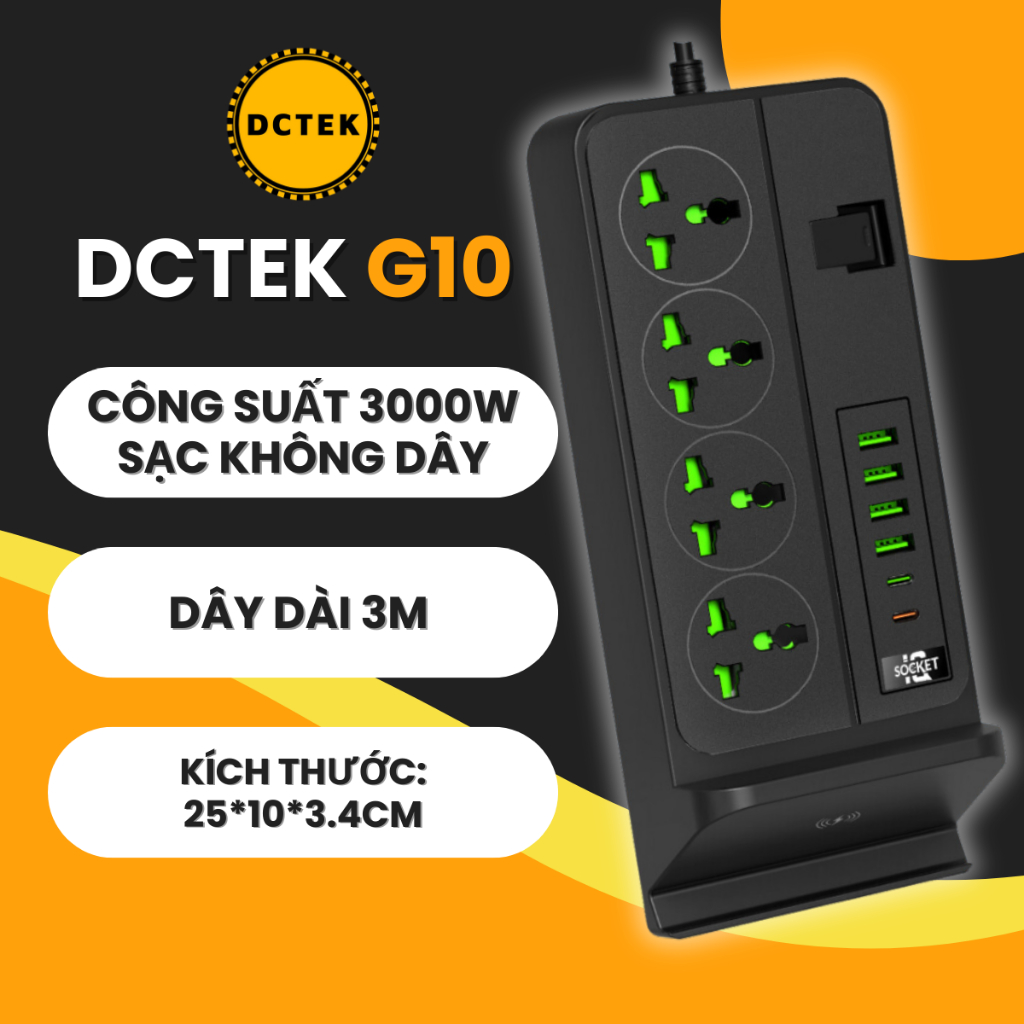 G10 D63 Ổ cắm điện DCTEK kèm sạc không dây phù hợp cho văn phòng và gia đình, Bảo hành trọn đời