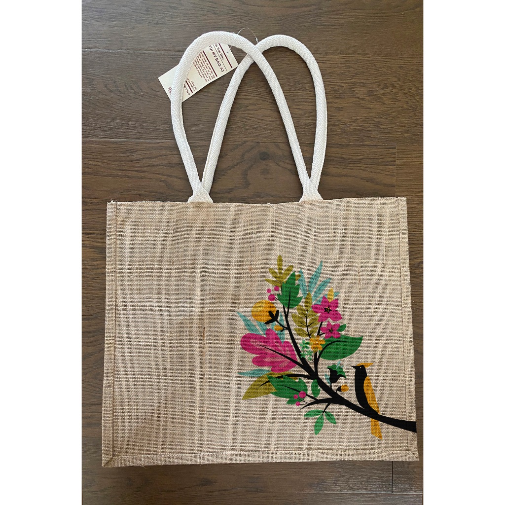 Túi Vải Lanh Sợi Đay vẽ tay Tropical Bird & Floral Canvas  Jute Tote Bag - Eco-Friendly Art Carrier 