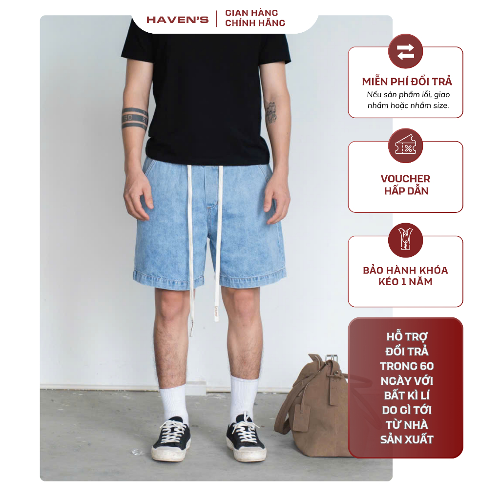 Quần short jeans unisex HAVEN'S cạp chun phối lót kaki nâu, quần đùi nam nữ form rộng co giãn, mặc m