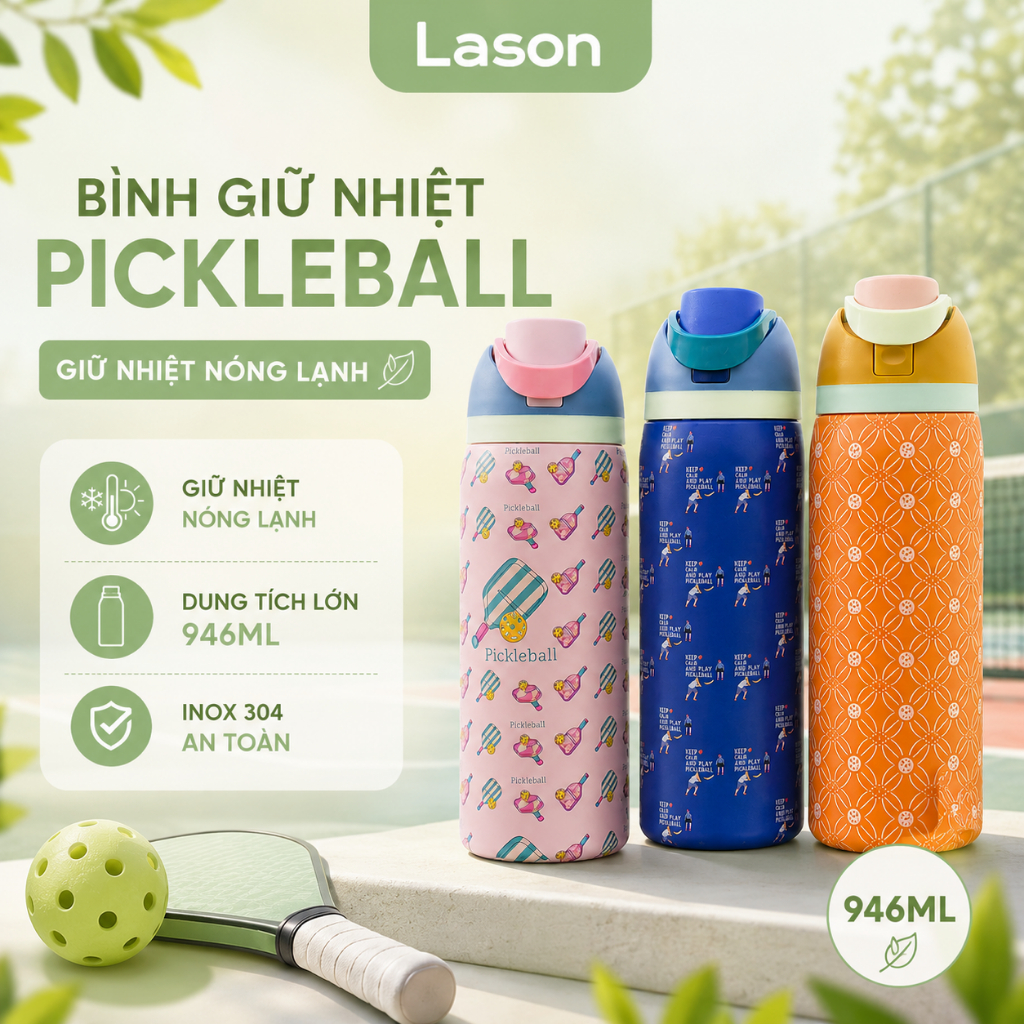Bình nước giữ nhiệt PickleBall Lason 946ml, bình đựng nước nóng lạnh, bình thể thao tiện lợi