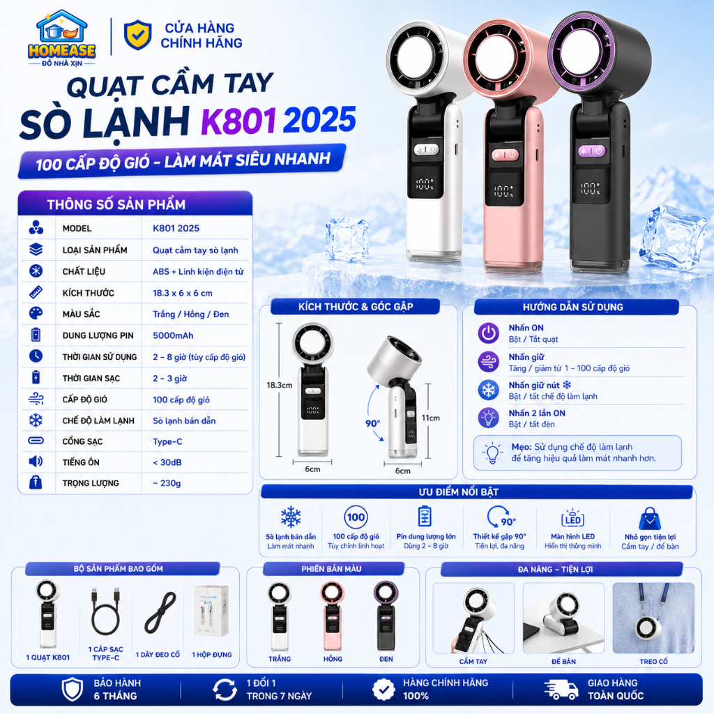 QUẠT CẦM TAY SÒ LẠNH K801 2026 – 100 CẤP ĐỘ GIÓ, LÀM MÁT NHANH, PIN TRÂU, MÀN HÌNH THÔNG MINH – HomeEase – Đồ Nhà Xịn | BigBuy360 - bigbuy360.vn