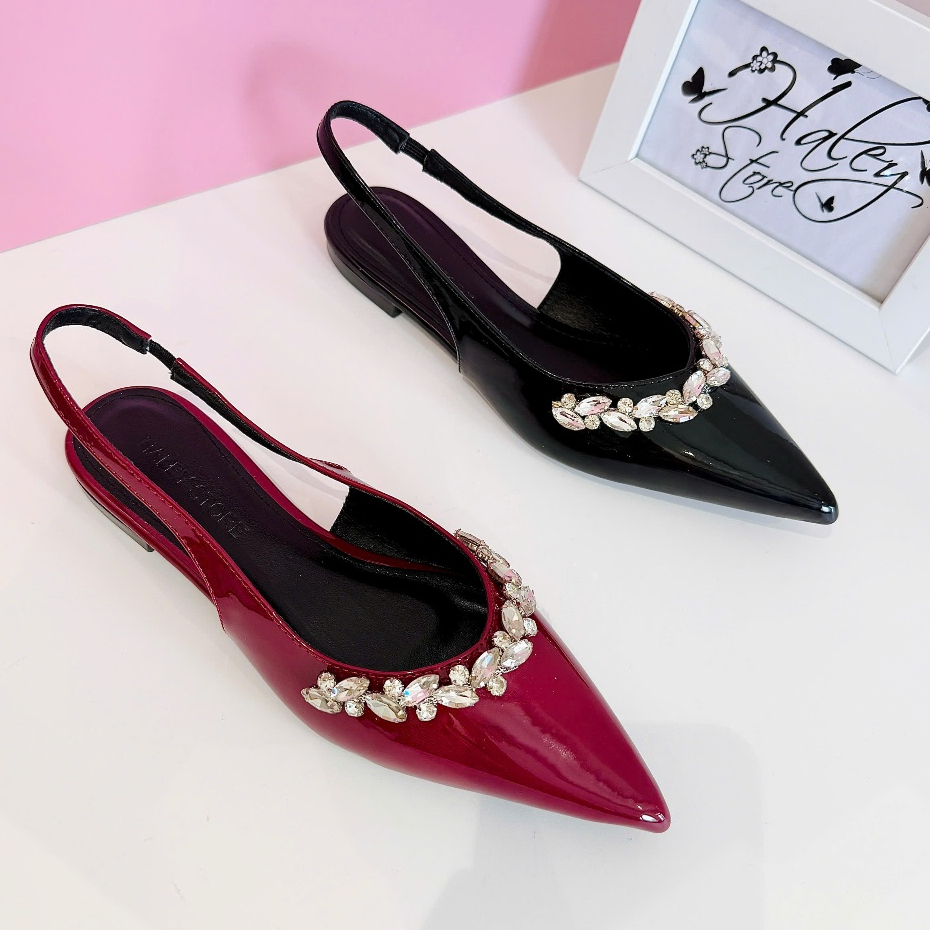 Giày max chuỗi đá bệt HALEY STORE gót phẳng đính đá da bóng bít mũi quai kéo tiểu thư cô dâu tiệc cư