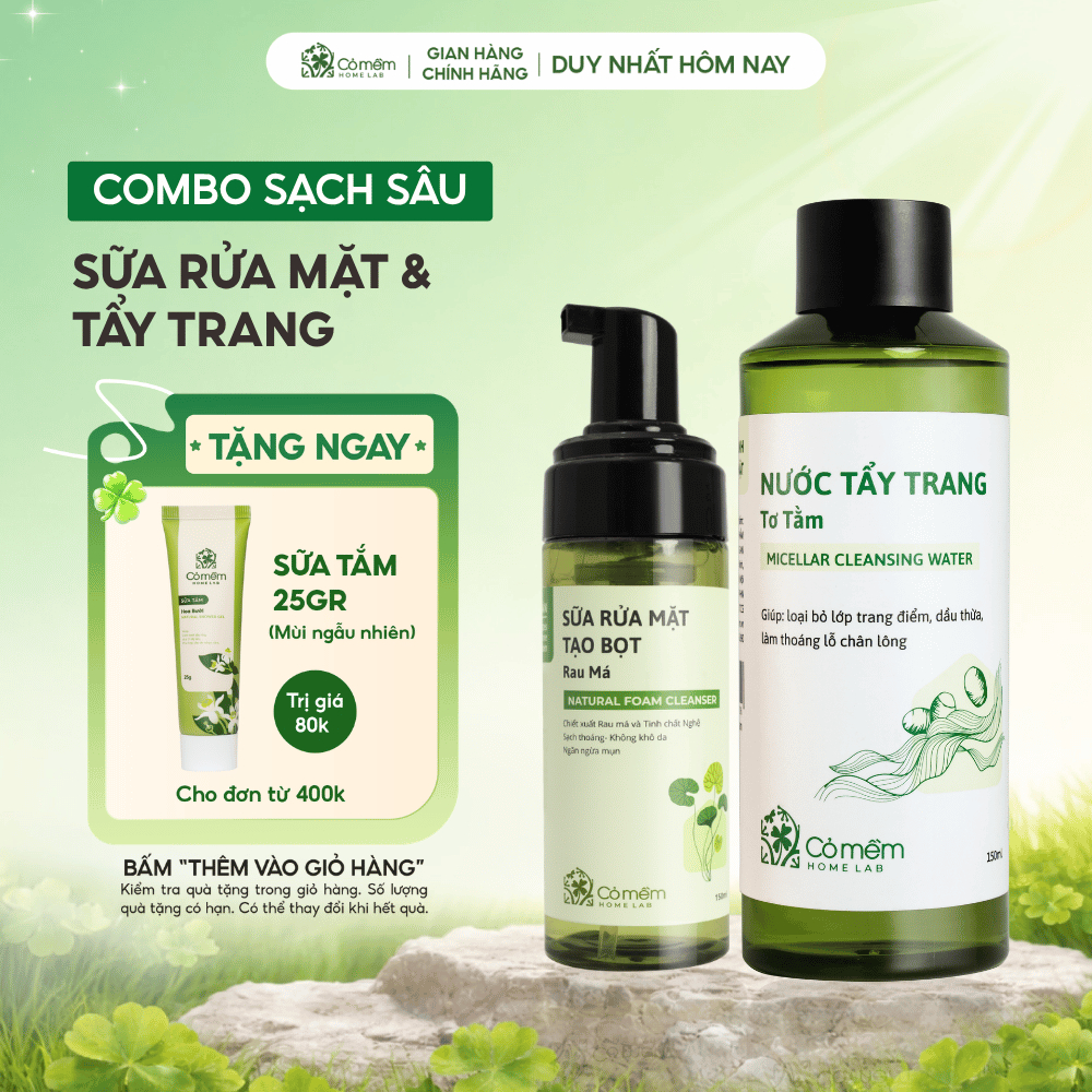 Bộ Chăm Sóc Da 2 Bước Nước Tẩy Trang Và Bọt Rửa Mặt Mọi Loại Da Cỏ Mềm 300gr