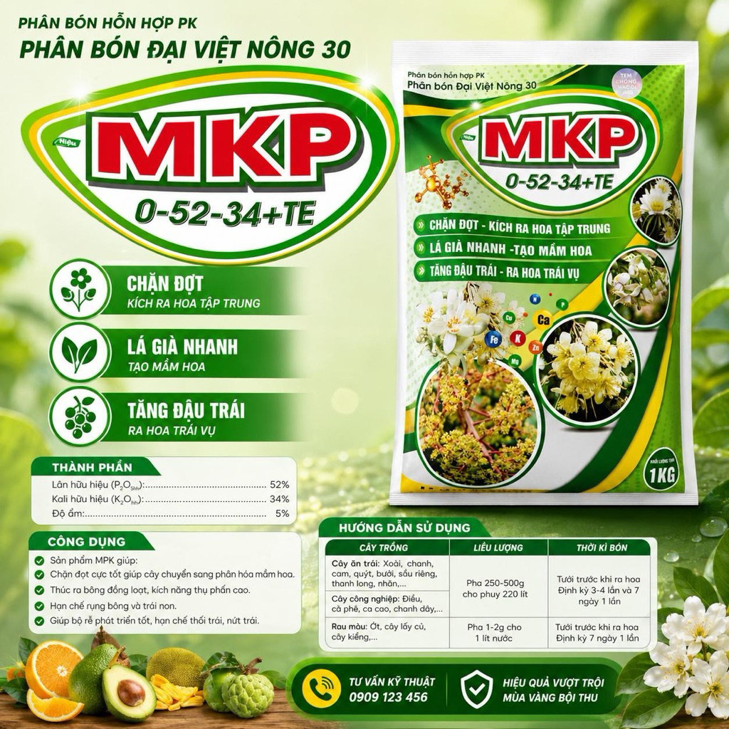 MKP 0-52-34+TE 1KG | PHÂN BÓN LÁ KÍCH BÔNG SẦU RIÊNG, XOÀI, MÍT, CAM, CHANH KÍCH RA HOA ĐỒNG LOẠT