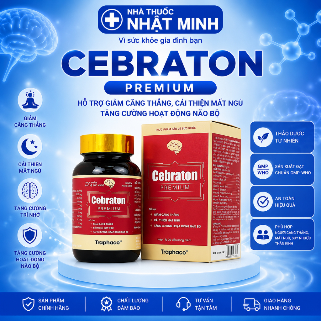 Cebraton Premium Traphaco - viên uống bổ não giảm căng thẳng, mệt mỏi, mất ngủ, đau đầu, hoa mắt, ch