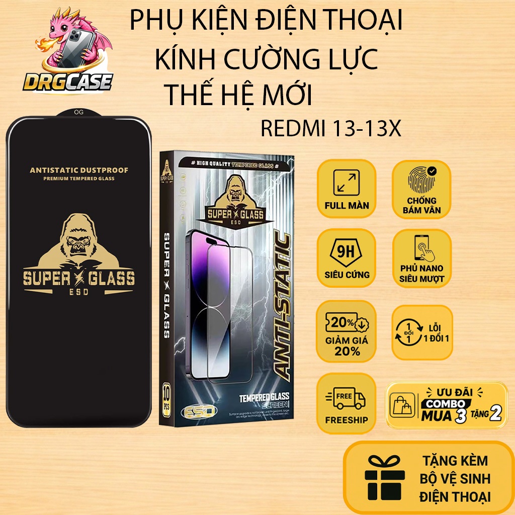 Cường lực Redmi 13, 13x Dragoncase full màn | Miếng kính dán bảo vệ màn hình cho Redmi