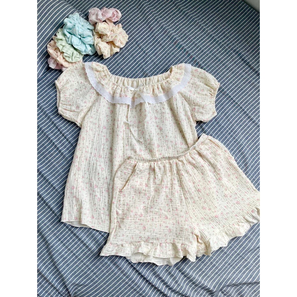 Mip.unique Set bộ ngủ mặc nhà xô muslin viền ren Lazy Set Mip.unique cho phong cách dễ thương và nữ 