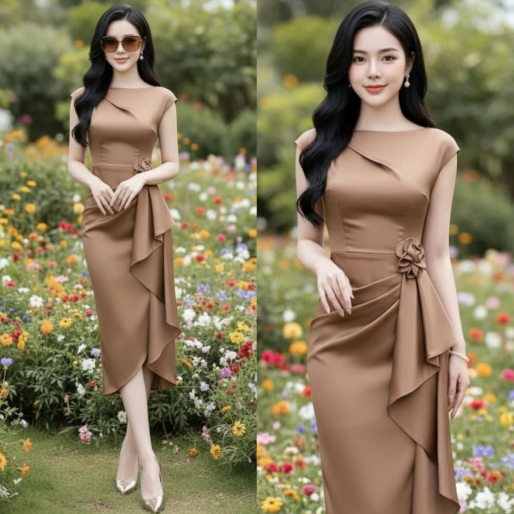 Đầm dự tiệc xếp ly eo đầm váy dạ hội dự tiệc du lịch