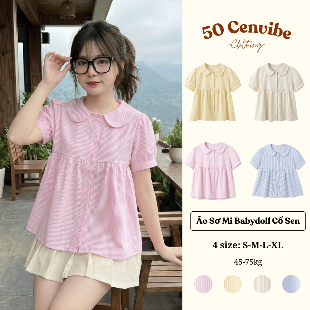 Áo Sơ Mi Nữ Babydoll Cổ Sen Khuy Hoa Cộc Tay Có Bigsize 45-75kg Phong Cách Korea (50 Cenvibe Clothin