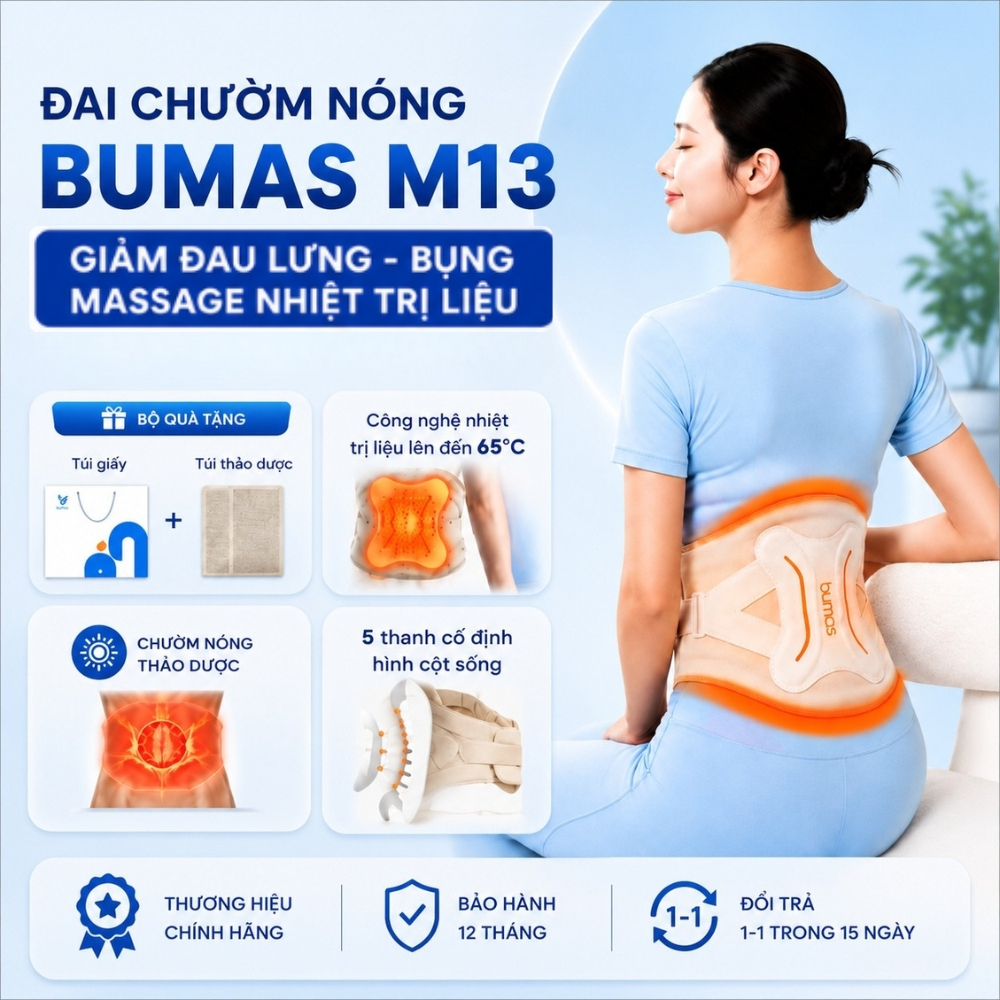 [XẢ KHO MỚI] Đai Máy Massage Chườm Nóng Lưng Bụng BUMAS M13 Kết Hợp Massage Rung Cao Tần, Giảm Đau M