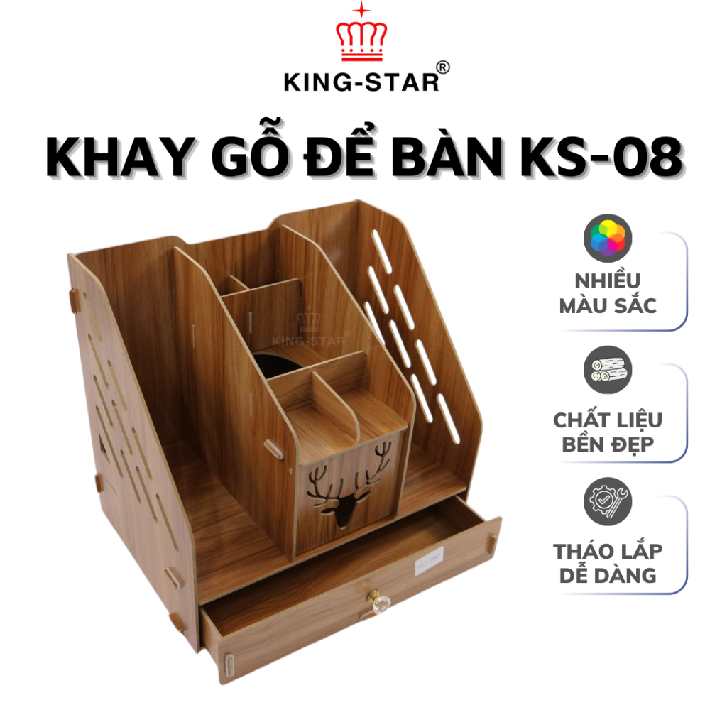 Khay Gỗ Để Bàn Đa Năng KS-08 KING-STAR - Kệ Tài Liệu Có Ngăn Kéo, Kệ Sách, Đựng Hồ Sơ Văn Phòng