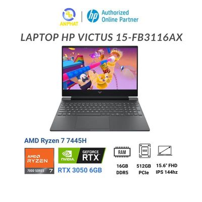 Laptop HP VICTUS 15-fb3116AX, Ryzen 7 7445H, RTX 3050 6GB, 15.6 FHD 144Hz, 16GB RAM, 512GB SSD, Win11