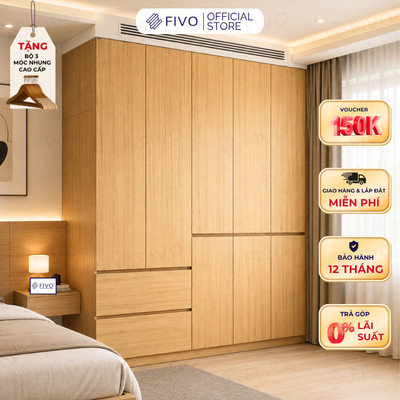 Tủ Đựng Quần Áo Gỗ Cao Cấp FC02 FIVO, Cánh Mở Sâu 60cm Có Ngăn Kéo, Freeship+Free lắp đặt, Trả Góp 0%