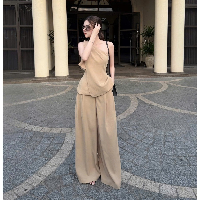 Bộ Jump Cổ Yếm Quần Suông Rộng Áo Gile - Áo Sát Nách, Set Đồ Nữ Áo Gile Linen Kèm Quần Ống Rộng Chất
