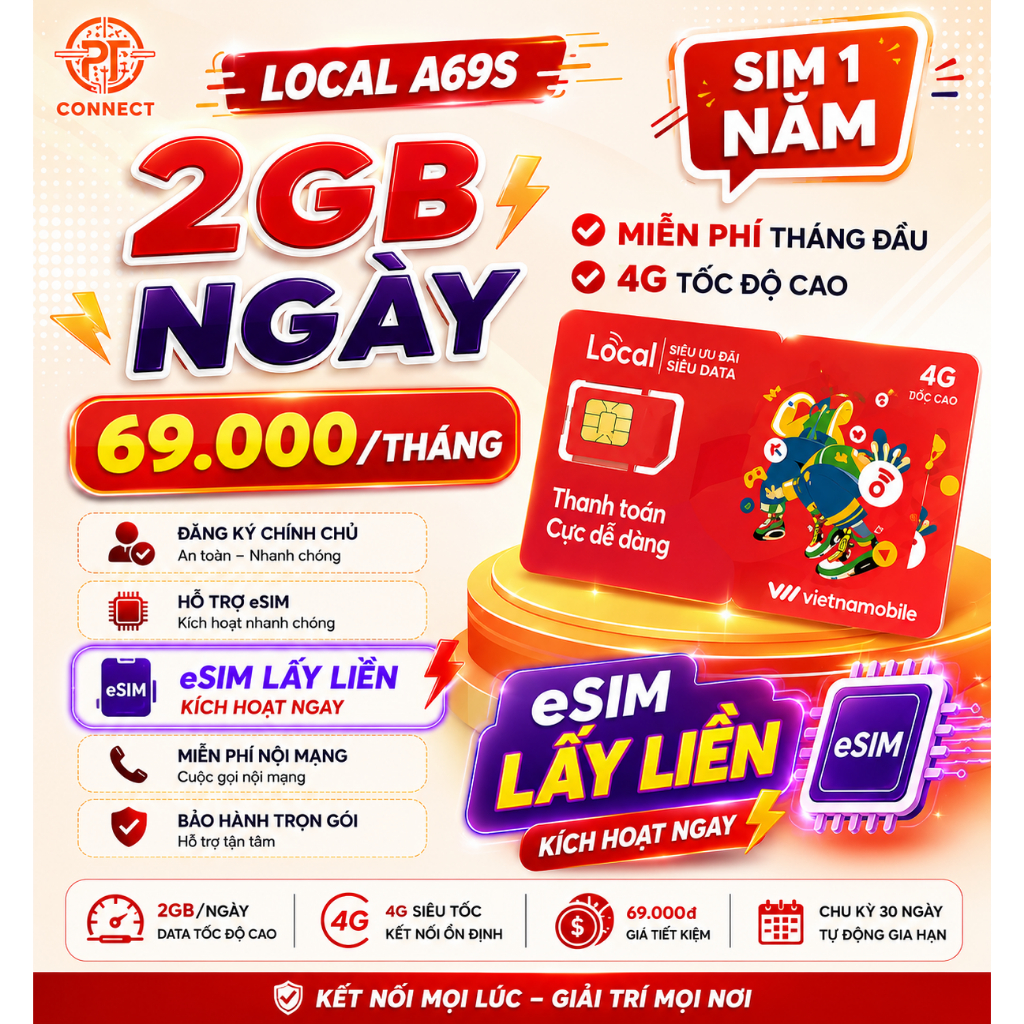 Sim 4G 2GB/Ngày tốc độ cao LOCAL A69S – Miễn Phí Tháng Đầu, Hỗ Trợ eSIM Lấy Liền