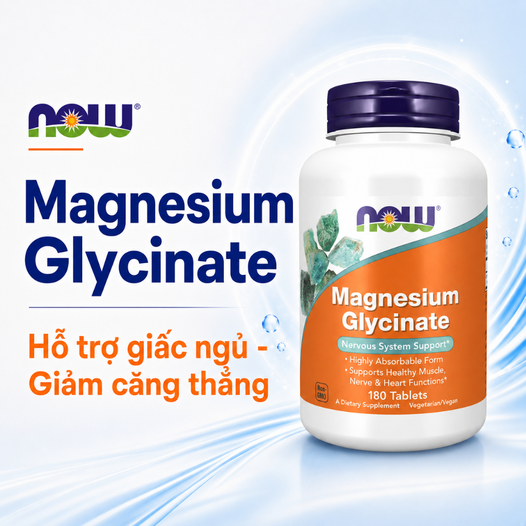 Viên magie hữu cơ Magnesium Glycinate Now (Mỹ) giảm stress, mất ngủ, chuột rút, loãng xương