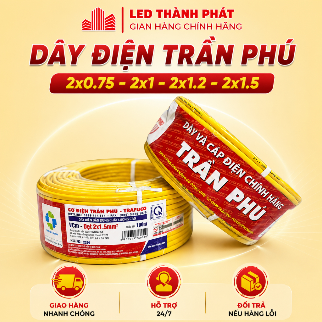 Dây điện TRẦN PHÚ 2x0.75, 2x1, 2x1.5 lõi đồng