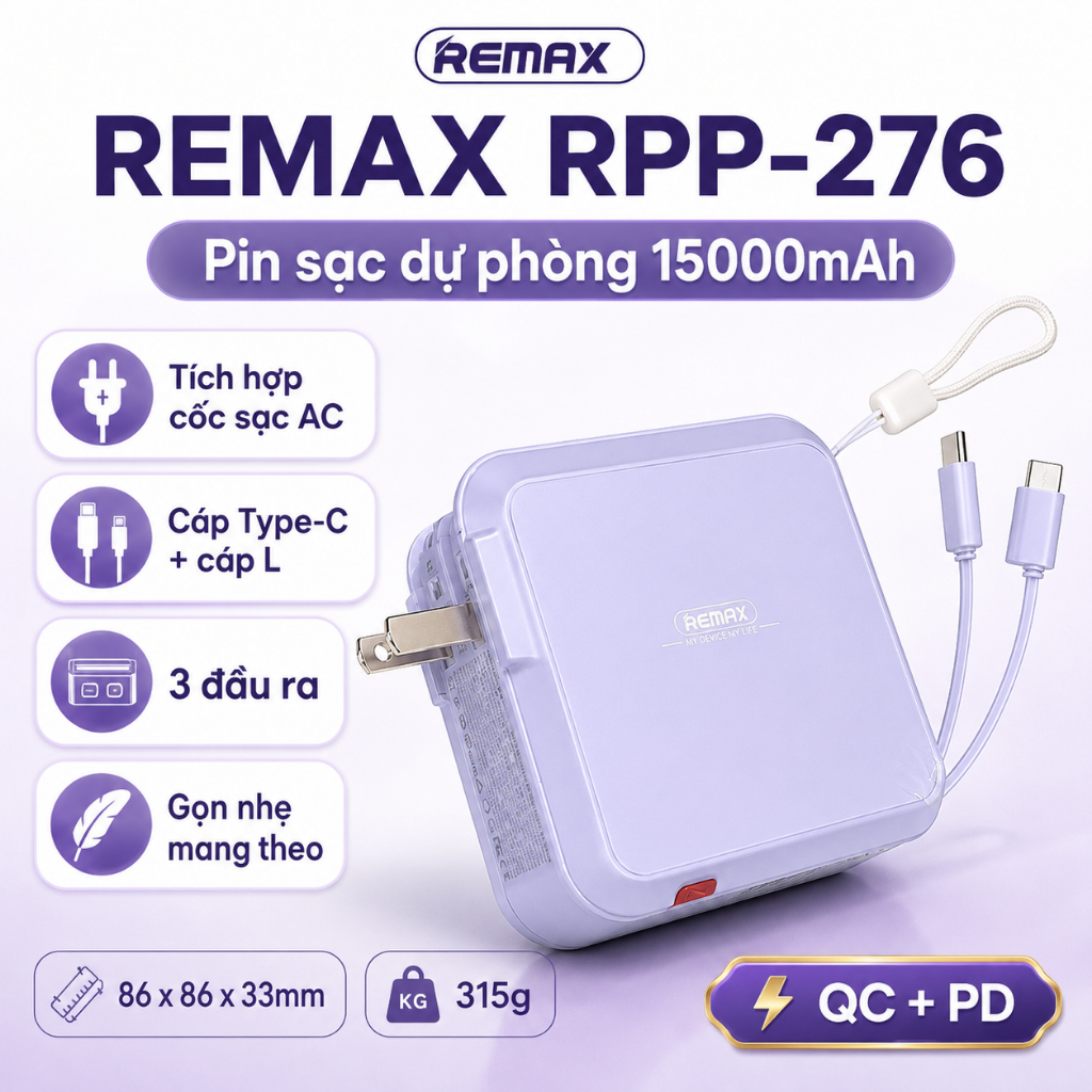 Pin Sạc Dự Phòng Remax RPP-276 15000mAh Kèm Phích Cắm Cáp Sạc Giá Đỡ Đa Năng BH 12T