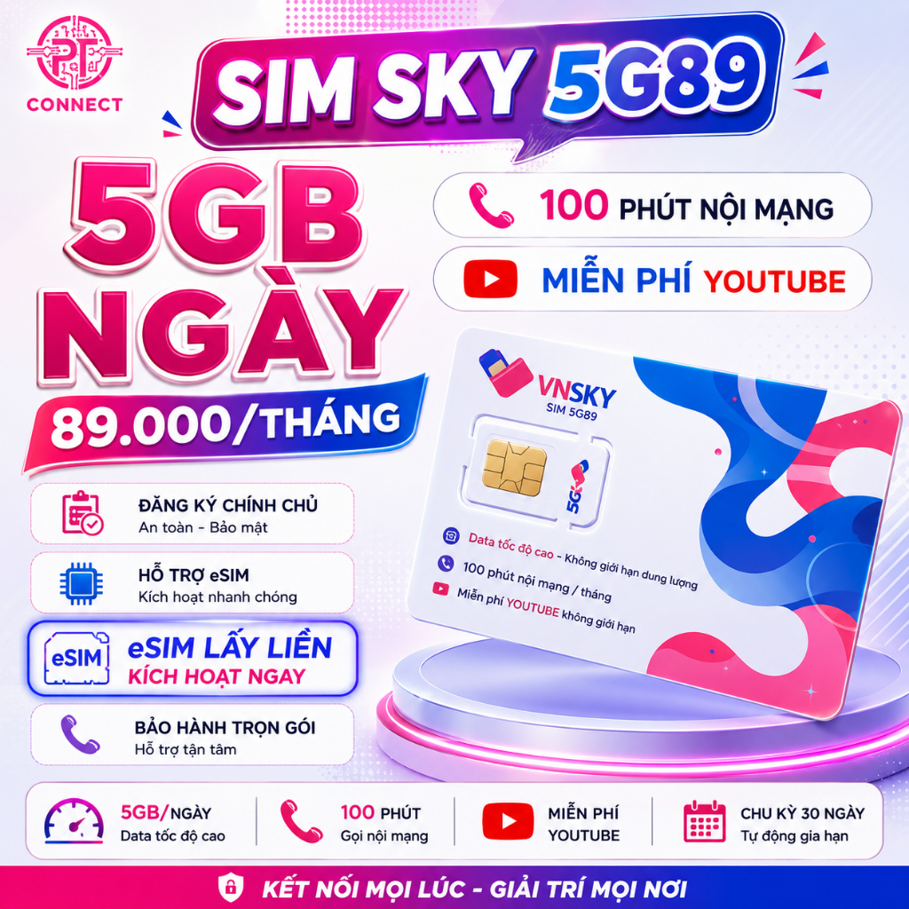 SIM Data 5GB/Ngày 5G89 VNSKY – Gọi Nội Mạng Free 10p – Hỗ Trợ eSIM – Sóng Mobifone